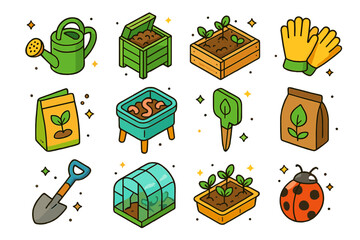 Organic Gardening Icons. Organic gardening. Colorful isometric vector icons set of organic gardening: watering can, compost bin, raised garden bed, garden