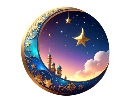 Eid crescent moon with stars 3D render transparent background PNG