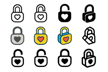 Heart Padlock Logo Variations. Set Logo of Vulnerability Symbols: Unlocked Padlock with Heart. Logo set in vector style, emblematic variations. line, bold