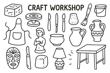 Craft Studio Essentials. Craft Workshop. Hand-drawn doodle illustration craft workshop clay block, potter?s wheel, carving knife, chisel, brush, sponge,
