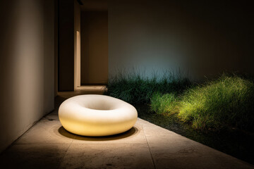create ethereal setting featuring zerogravity meditation chair illuminated by soft natural sunlight