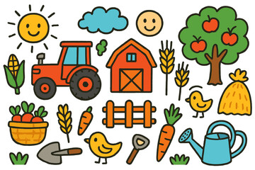 Colorful Farm Doodle. Colorful Hand-drawn doodle Children illustration farming field tractor, barn, corn, wheat, apple tree, haystack, fence, shovel, sun,