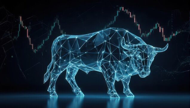 Dynamic digital bull embodies rising market trends and financial growth with glowing futuristic energy against stock charts - Powered by Adobe