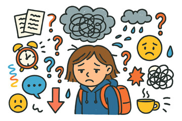 Overwhelmed Doodles. Colorful Hand-drawn doodle Children illustration Feeling overwhelmed messy papers, scribble cloud, alarm clock, sad face, question marks,
