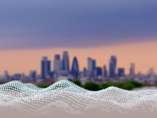 Artificial intelligence technology visualizes climate data with digital wave patterns over cityscape at sunset