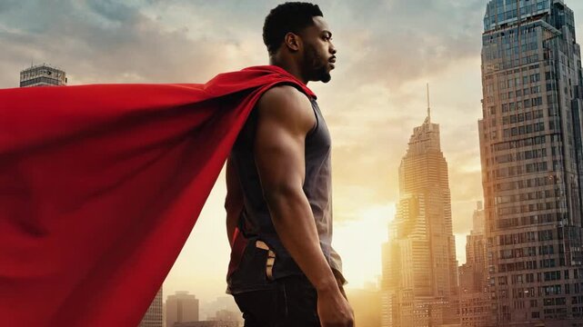 muscular man with red cloak posing like superhero on the building roof in big city on sunset. Powerful hero guy.