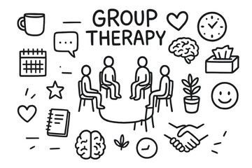 Therapy Session Doodles. Hand-drawn doodle illustration Group therapy [circle of chairs, people silhouettes, speech bubble, notebook, heart, brain, clock,