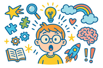 Doodle of Realization. Colorful Hand-drawn doodle Children illustration Sudden Realization [light bulb, shooting star, surprised face, glasses, magnifying