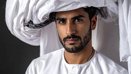 Close-up portrait of a man wearing traditional white garments