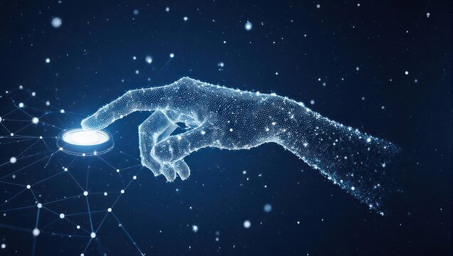 Digital hand activates glowing button, symbolizing innovation, connection, and the future of technology in a dynamic network. - Powered by Adobe