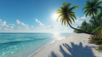 Escape to paradise with a stunning tropical beach, crystal clear turquoise waters, and swaying palm trees under a brilliant sunlit sky.