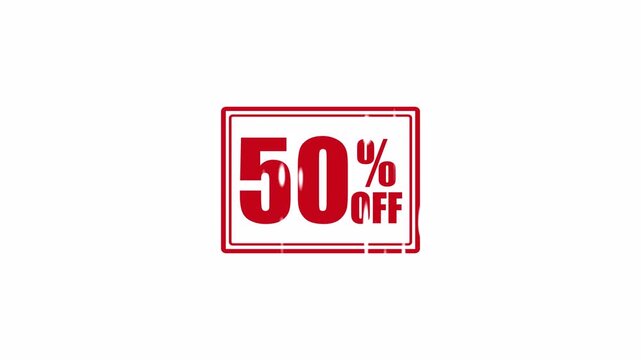 Red stamp of 50% off on white background, 50 percent off red stamp animation on transparent background.