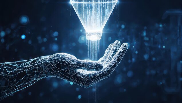 Capturing innovation's essence, a digital hand receives flowing data streams from a futuristic funnel, symbolizing AI and information processing.