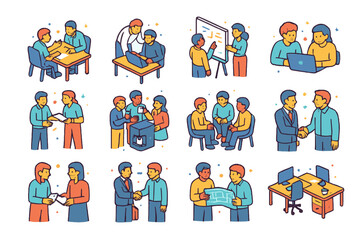 Fototapeta premium Colorful Workplace Icons. Colorful isometric vector icons set of close workplace interactions: two people discussing at desk, manager leaning near employee,