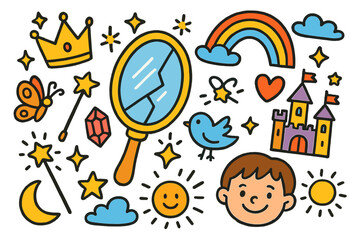 Magical Children's Doodle. Colorful Hand-drawn doodle Children illustration Magic Mirror fragments, crown, sparkles, rainbow, castle, butterfly, bird, wand,