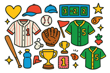 Baseball Doodle Icons. Colorful Hand-drawn doodle Children illustration Baseball jerseys jersey, bat, glove, baseball, cap, scoreboard, whistle, heart, star,