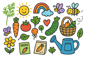 Colorful Garden Doodles. Colorful Hand-drawn doodle Children illustration Dill and Vegetables [dill sprig, carrot, tomato, cucumber, basket, flower, sun,