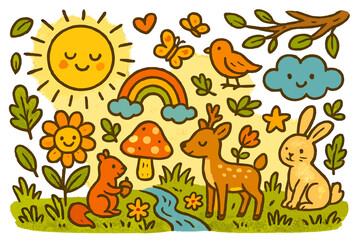 Colorful Nature Doodles. Colorful Hand-drawn doodle Children illustration Golden light in nature [glowing sun, tree branches, flower, leaf, bird, butterfly,