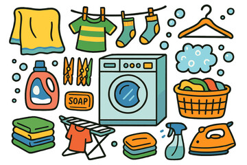 Laundry Day Doodles. Colorful Hand-drawn doodle Children illustration Laundry Day towel, washing machine, laundry basket, detergent, clothespins, clothesline,