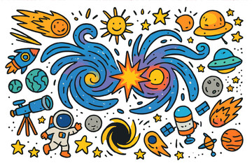 Fototapeta premium Galactic Doodle Adventure. Colorful Hand-drawn doodle Children illustration Colliding galaxies [two galaxy spirals, starburst, comet, rocket, telescope,