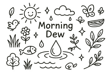 Nature's Morning Harmony. Hand-drawn doodle illustration Morning dew by the lake [water droplet, wave, fish, sun, cloud, grass, flower, tree, bird, butterfly,