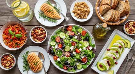 Abundant Healthy Dinner Spread with Grilled Chicken, Fresh Salad, Pasta, and Assorted Nutritious Dishes on a Rustic Table