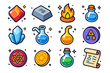 Alchemy Icon Set. Colorful isometric vector icons set of alchemy elements: philosopher's stone, lead block, sulfur flame, mercury vial, salt crystal, alembic