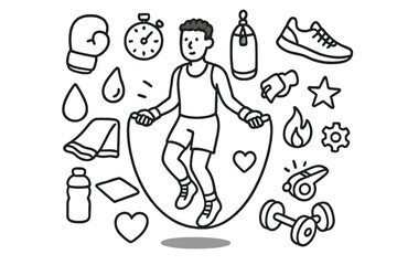 Athlete Doodle Icons. Hand-drawn doodle illustration Professional athletes skipping rope [jump rope, boxing glove, punching bag, sneakers, stopwatch, sweat