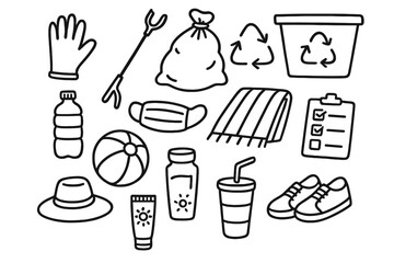 Beach Cleanup Icons. Hand-drawn doodle illustration beach cleanup volunteer glove, trash picker, garbage bag, recycle symbol, sorting bin, water bottle, face