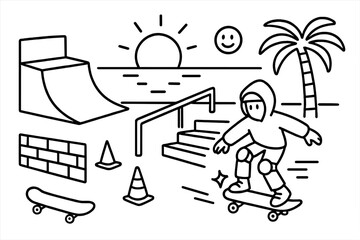 Skatepark Sunset Doodle. Hand-drawn doodle illustration Skatepark at sunset ramp, skateboard, railing, stairs, sun icon, horizon line, smiley face, skater,