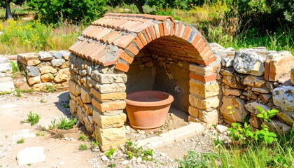Naklejka premium Ancient stone structure with terracotta pot
