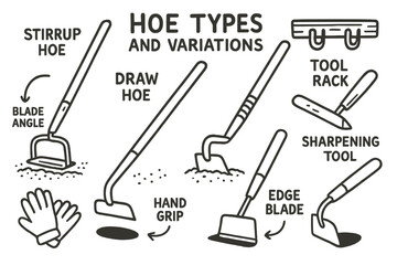 Hoe Types Doodle. Hand-drawn doodle illustration Hoe types and variations stirrup hoe, draw hoe, scuffle hoe, long handle, short handle, edge blade, soil