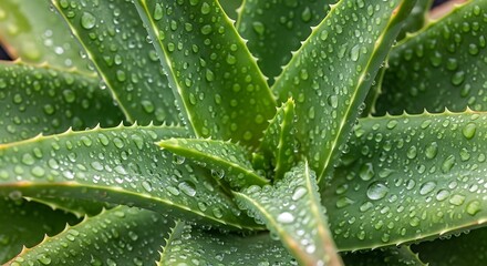 Close-up view of aloe vera leaves, glistening with water droplets, showcasing vibrant green hues and intricate textures.