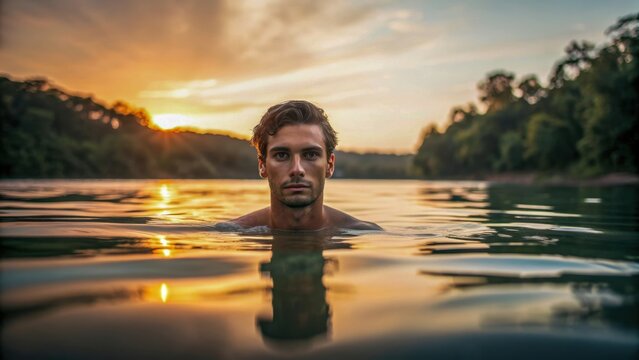 Young man water sunset outdoor nature serene reflection forest summer tranquil peaceful swimming adventure relaxation scenic golden light - Powered by Adobe