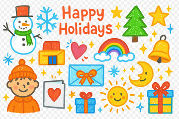 Fototapeta premium Winter Holiday Doodles. Colorful Hand-drawn doodle Children illustration Winter Holiday Greetings snowman, snowflake, tree, star, heart, card, envelope,