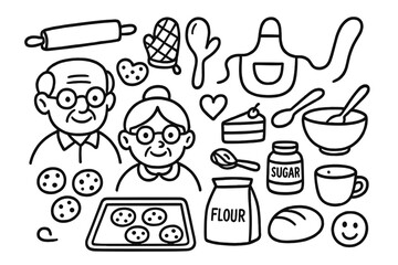 Baking Icons Collection. Hand-drawn doodle illustration baking with grandparents rolling pin, cookies, oven mitts, apron, mixing bowl, spoon, flour bag, sugar