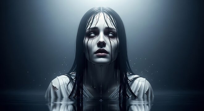 Eerie ghost woman portrait for Halloween designs, haunted house flyers, and horror movie posters. Mysterious supernatural character in gothic style, ghostly figure.