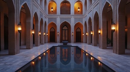Intricate courtyard with reflecting pool, warm light
