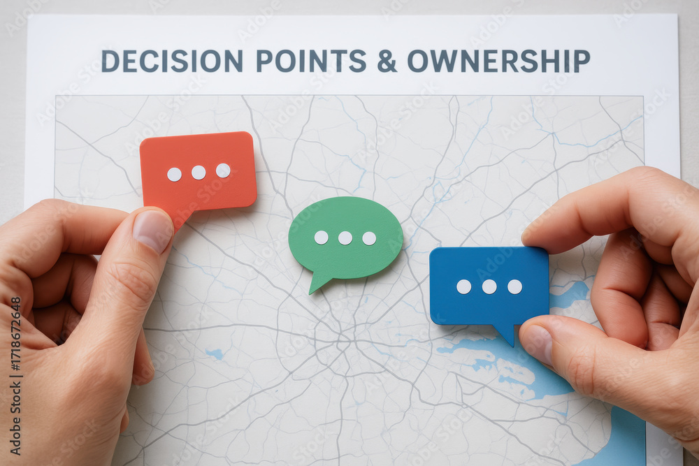 Poster innovative strategy and framework guide decision points and ownership business planning with speech 