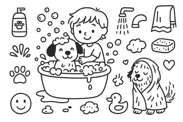 Pet Bath Time Fun. Hand-drawn doodle illustration Bathing pets with kids child, dog in tub, bubbles, towel, shampoo bottle, splash, soap, paw print, water