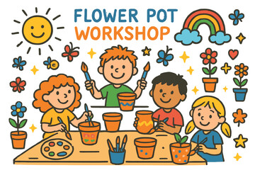 Children's Flower Pot Workshop. Colorful Hand-drawn doodle Children illustration Flower Pot Workshop children painting, clay pots, table, brushes, rainbow,
