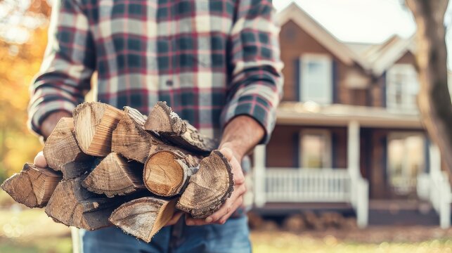 Man in plaid shirt carrying a stack of firewood in front of a rustic house during autumn, preparing for cold weather