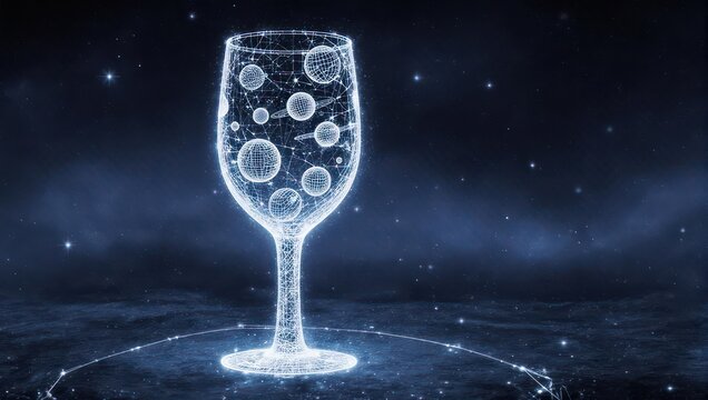 Explore infinite possibilities within a shimmering holographic wine glass filled with celestial spheres against a starry cosmic backdrop