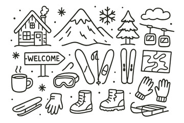 Snowy Mountain Resort Doodles. Hand-drawn doodle illustration [Snowy mountain resort] [cabin, mountain, snowflake, pine tree, ski lift, snowboard, skis, hot
