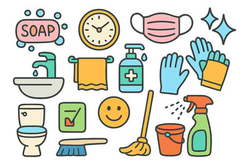 Workplace Hygiene Doodles. Colorful Hand-drawn doodle Children illustration Hygiene and Cleanliness in Workplace soap, sink, towel, hand sanitizer, mask,