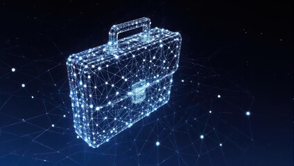 Dynamic digital briefcase wireframe glowing with connectivity and innovation against a dark starry network background representing global business opportunities