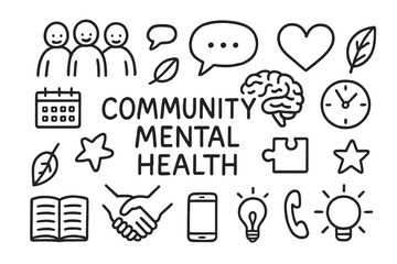 Community Mental Wellness Icons. Hand-drawn doodle illustration Community mental health [group of people, chat bubble, heart, brain, leaf, calendar, clock,
