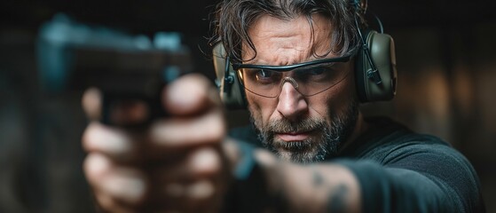 A young adult white man with protective glasses and earmuffs is standing with both arms out in front of him, focusing intently, and aiming a weapon at a shooting range.