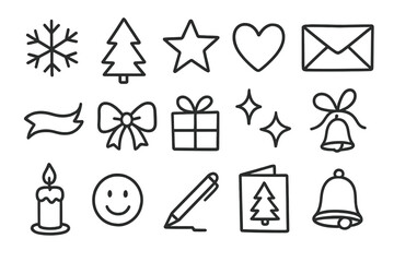 Holiday Card Icons. Hand-drawn doodle illustration DIY holiday cards [snowflake, tree, star, heart, envelope, ribbon, bow, gift box, sparkle, tag, candle,