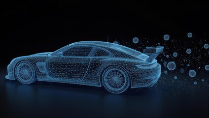 Futuristic electric sports car wireframe design concept with abstract glowing particles, showcasing advanced automotive technology and innovation in motion.